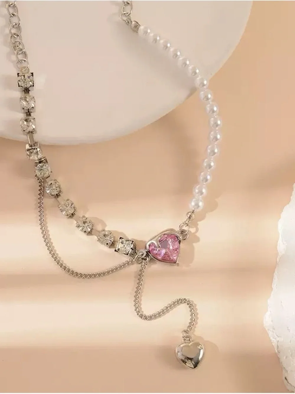 Anthropologie Silver Pearled Necklace with Pink Heart Accent